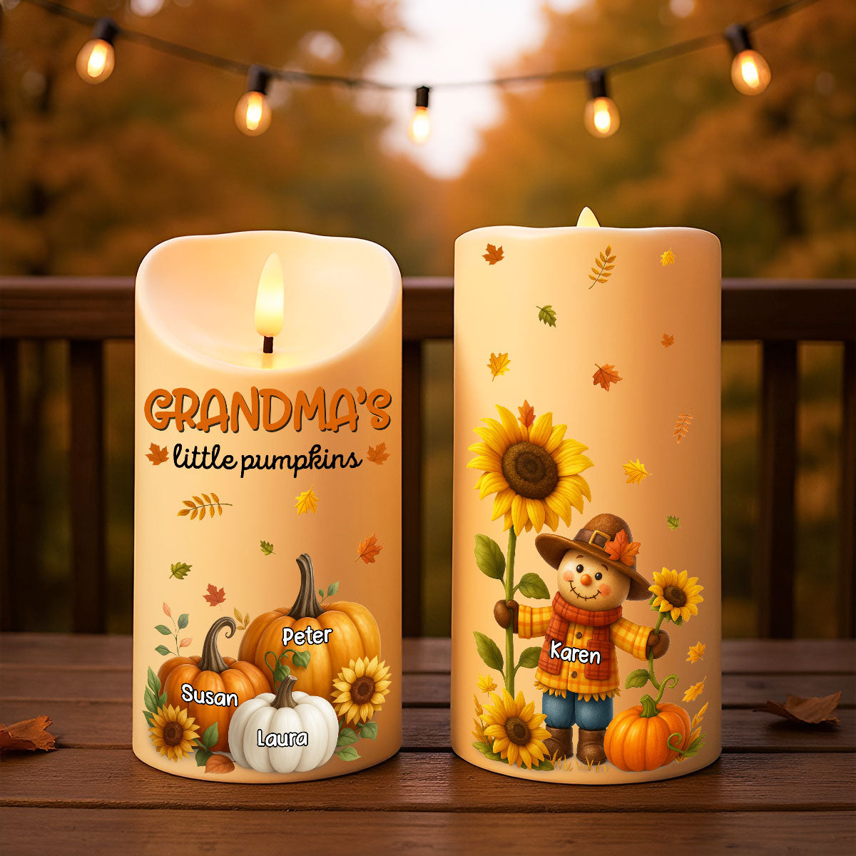 Grandma's Pumpkin Patch Scarecrow Personalized LED Candle, Cozy Fall Decor for Grandma
