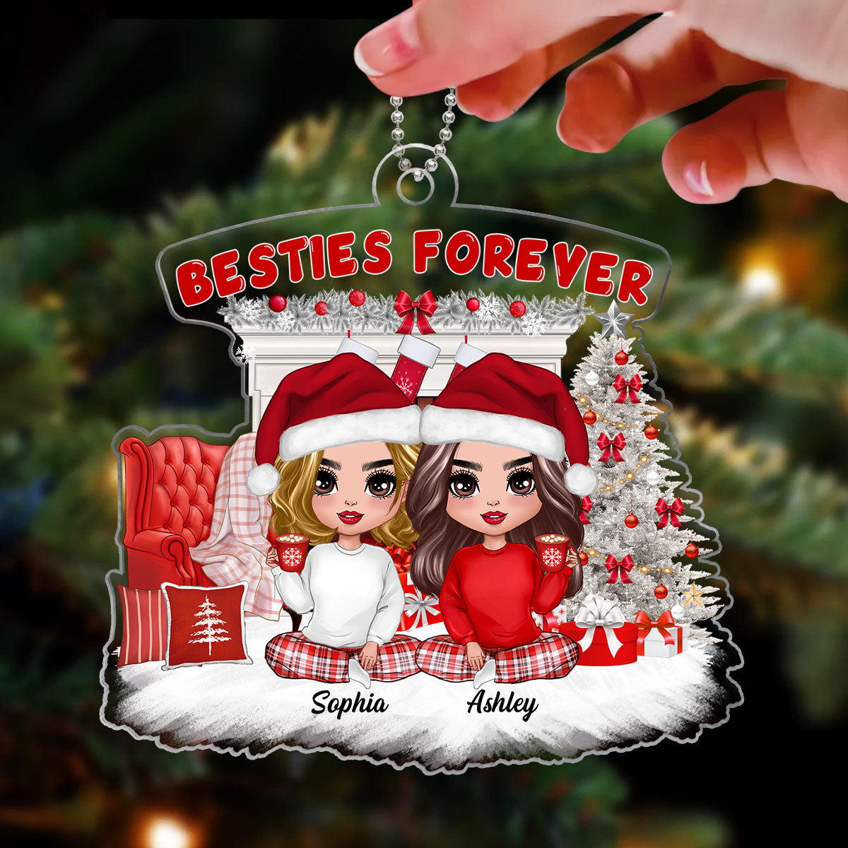 White Christmas Pajamas Doll Besties Sisters Sitting Personalized Acrylic Ornament