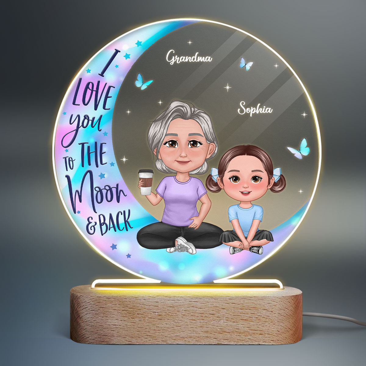 Pretty Doll Grandma Grandkids On Galaxy Moon Personalized Acrylic Circle LED Night Light