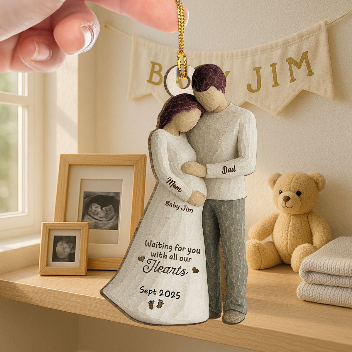 2D Flat Waiting For You With All Our Hearts Couple Expecting Baby - Personalized Wooden Ornament, Baby Shower Gift For Parents-to-be