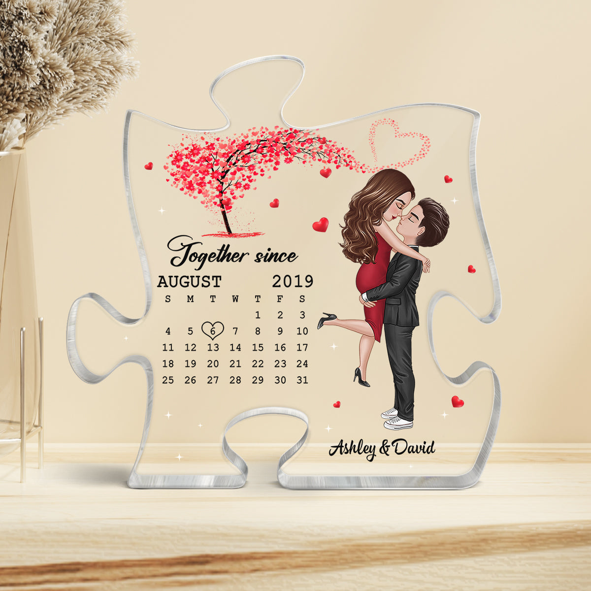 Doll Couple Hugging Kissing Under Red Heart Tree Calendar Anniversary Date Personalized Puzzle Acrylic Plaque