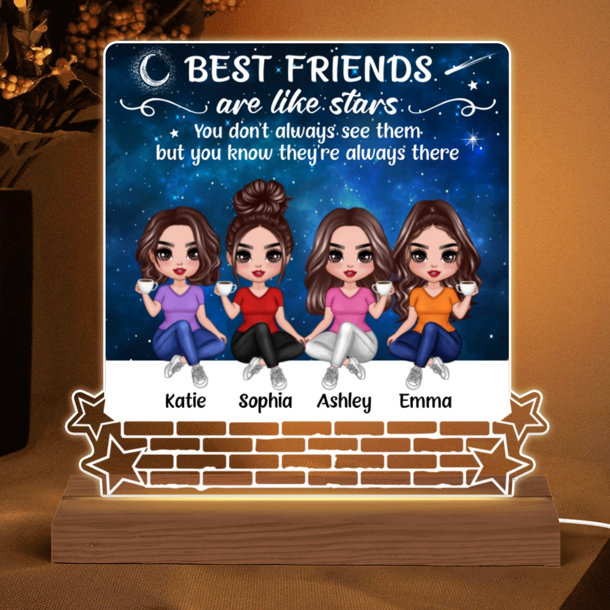 Besties Sisters Are Like Stars Galaxy Doll Women Sitting On Brick Wall Personalized Acrylic Custom Shape LED Night Light