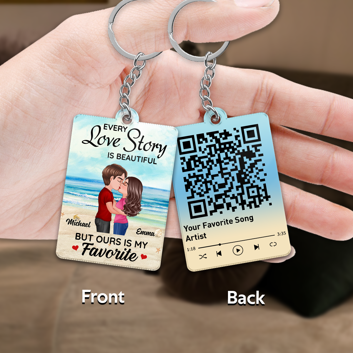 Beach Landscape Doll Couple Kissing Favorite Song Scannable QR Code Personalized Acrylic Keychain