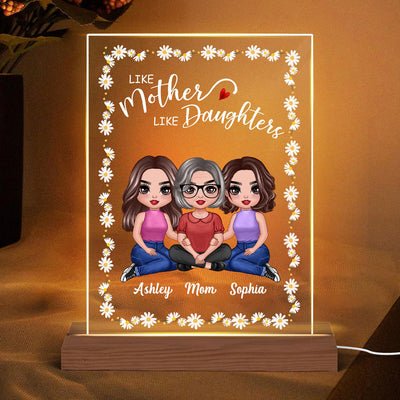 Daisy Flower Frame Embracing Doll Mom Daughters Sitting Like Mother Like Daughter Personalized Rectangle Acrylic Plaque LED Night Light