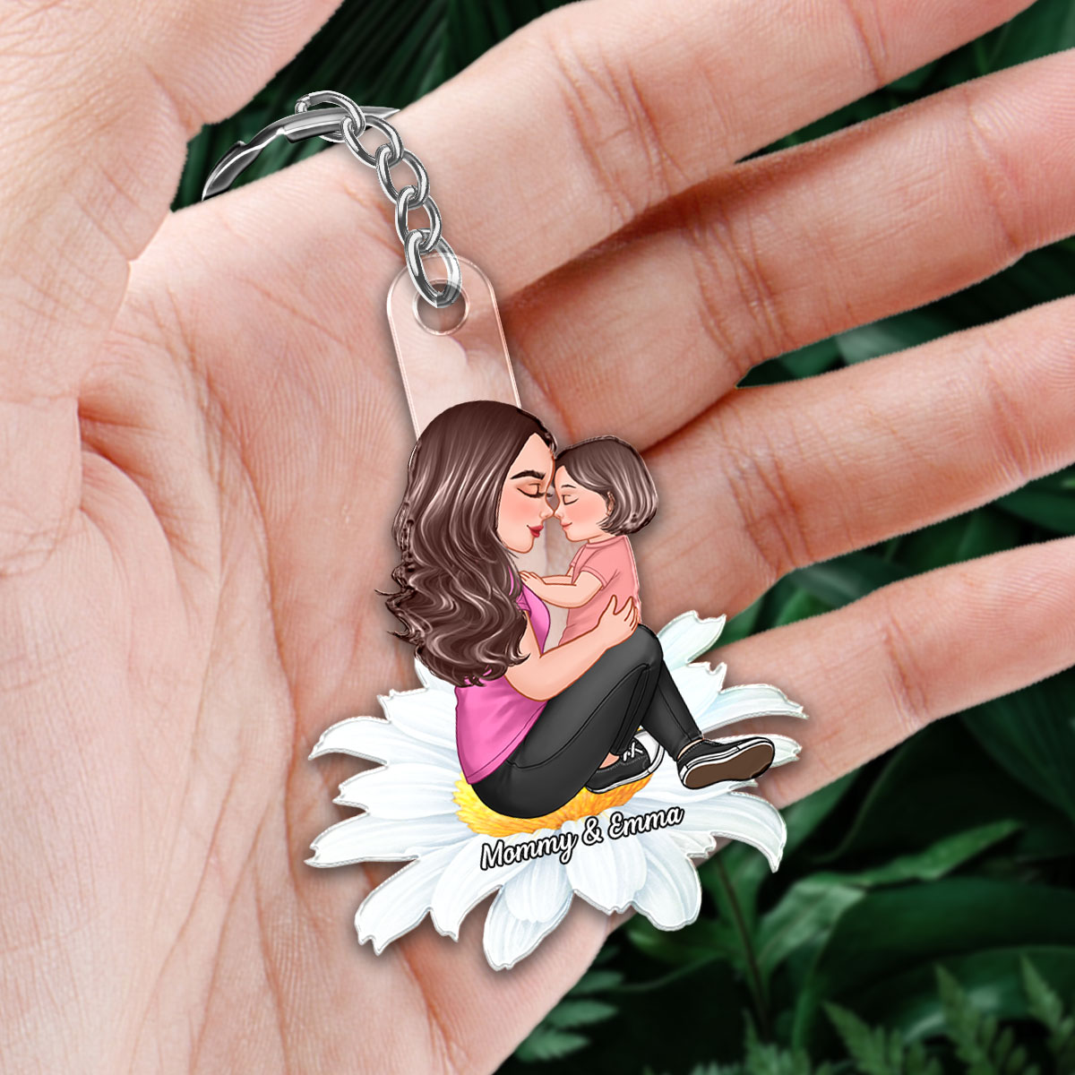 Grandma Mom Kid Sitting On Flower Personalized Acrylic Keychain, Gift For Mom, Gift For Grandma