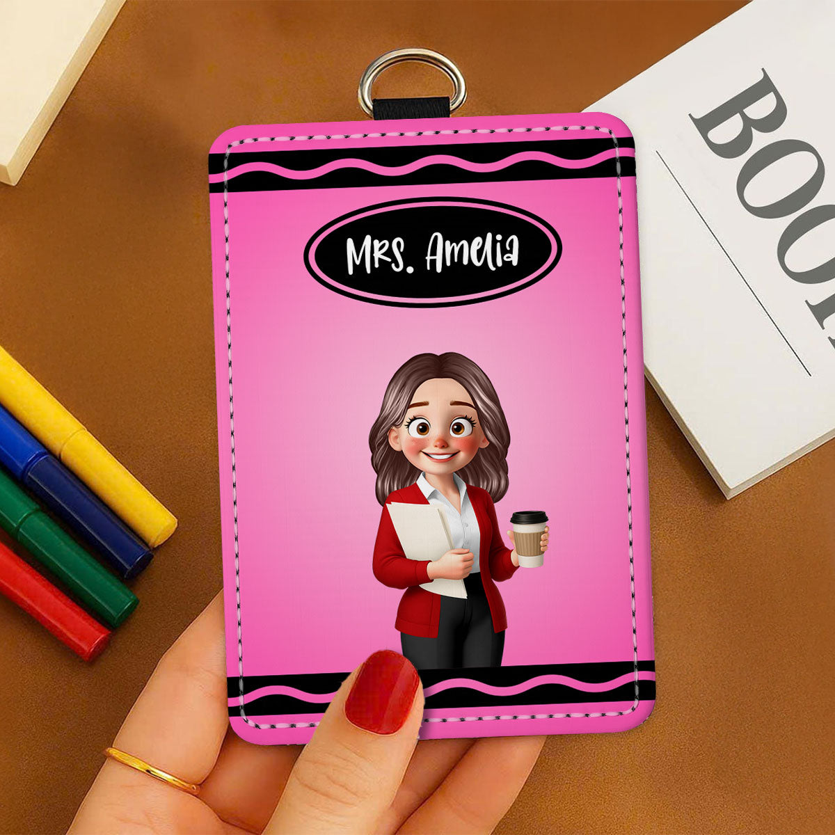 Crayon Themed Cartoon Teacher Personalized ID Badge Holder, Back To School Gift