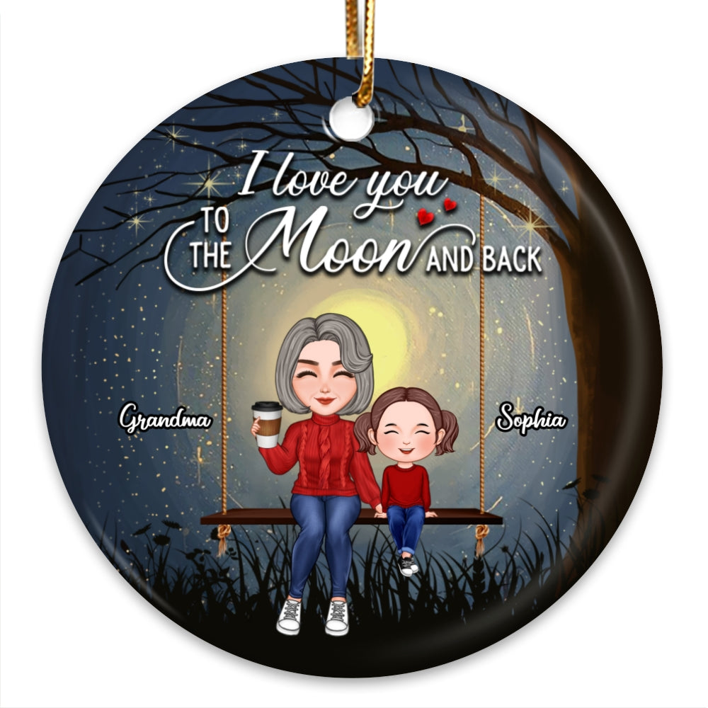 Cute Grandma Grandkid On Swing Love To The Moon Gift For Granddaughter Grandson Personalized Circle Ornament