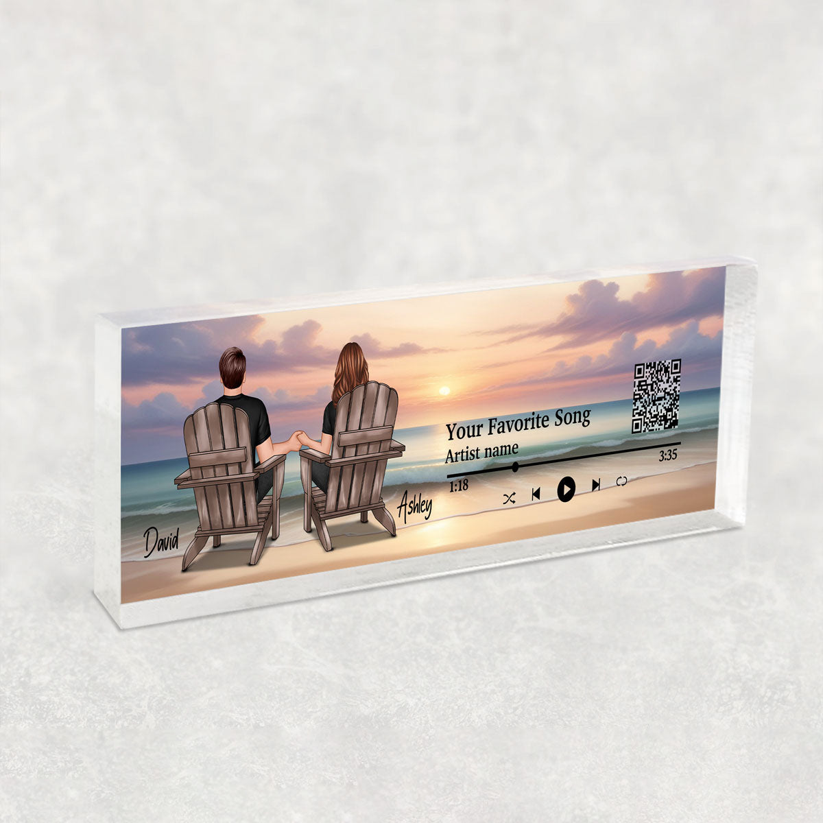 Couple Back View At Beach Favorite Song QR Code Personalized Acrylic Desk Block Plaque