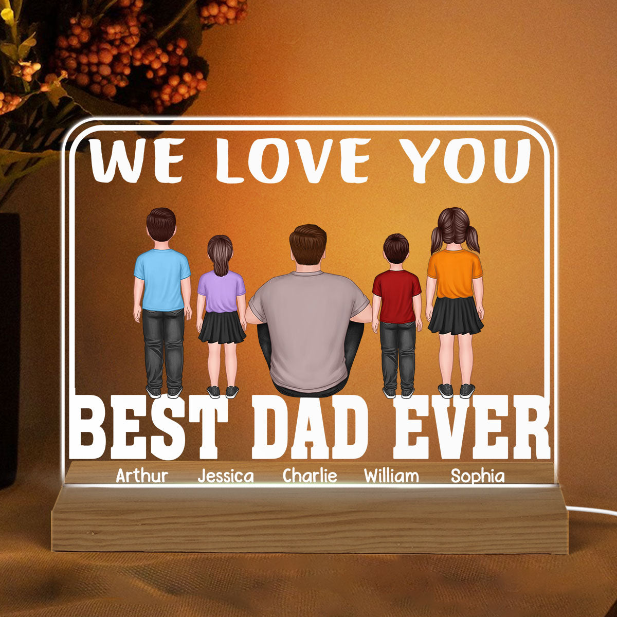 Best Dad Ever Man Sitting Kids Standing Personalized Warm Acrylic Custom Shape LED Night Light