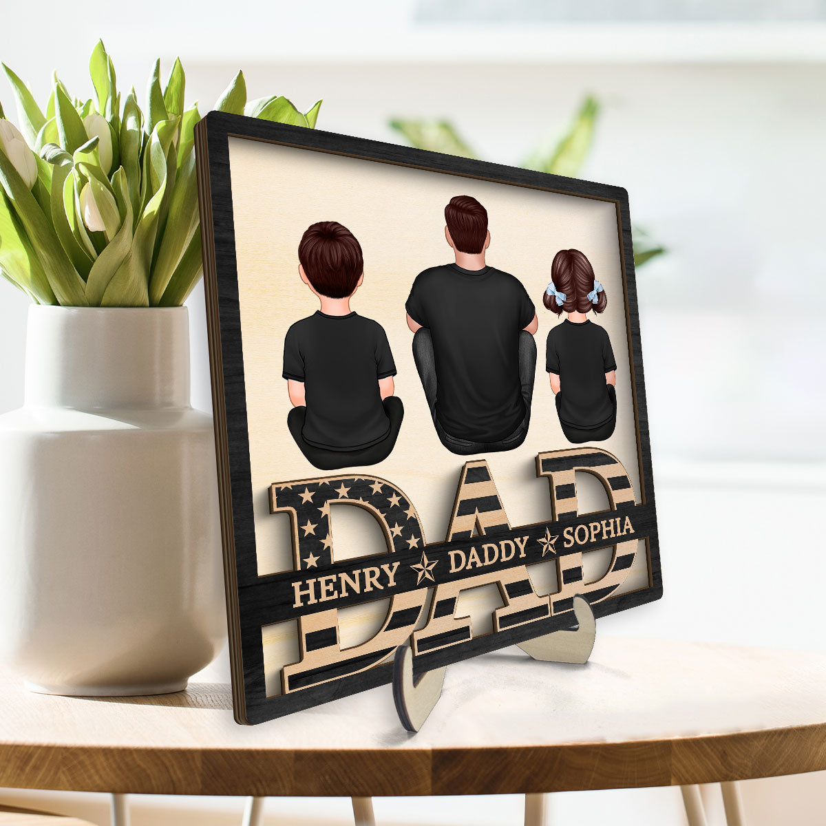 Grandpa Dad Kids Sitting On Text Nation Flag Personalized 2-Layer Wooden Plaque