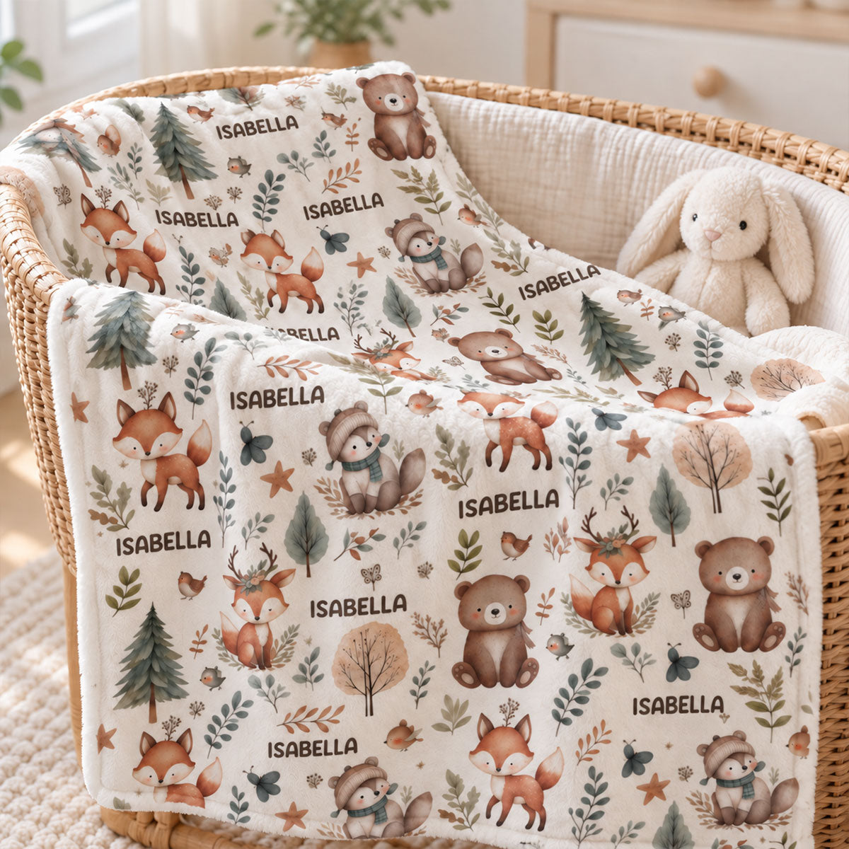 Woodland Animal Print Custom Baby Name - Personalized Fleece Blanket - Nursery Woodland Animal Theme For Baby