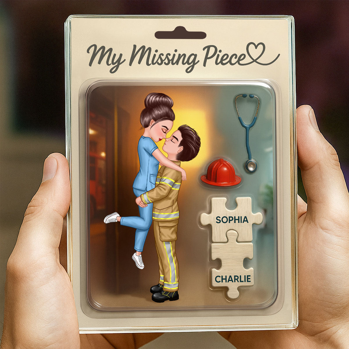 My Missing Piece Firefighter Nurse Doll Couple Personalized Acrylic Block Plaque, Gift for Him, Gift for Her