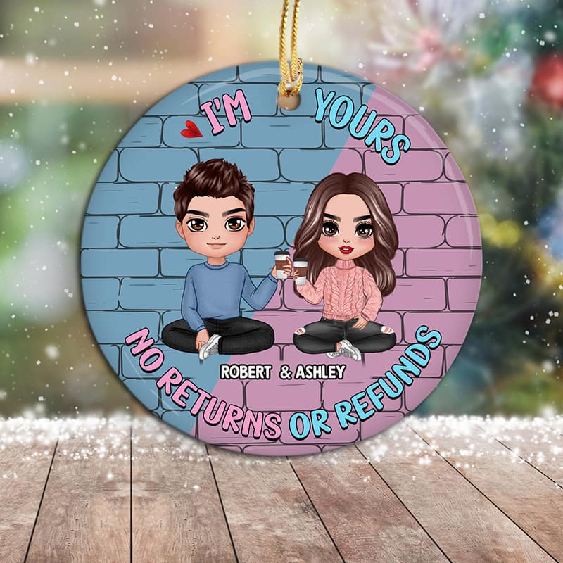 Doll Couple Blue And Pink Brick Backgroundn Personalized Circle Ornament