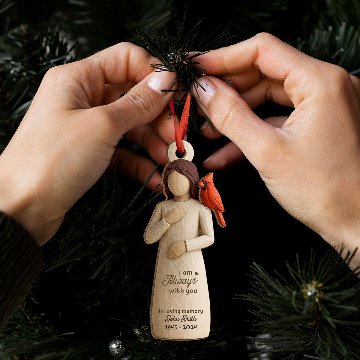 Always With You Cardinal & Woman 3D Effect Personalized Wooden Ornament, Memorial Sympathy Gift