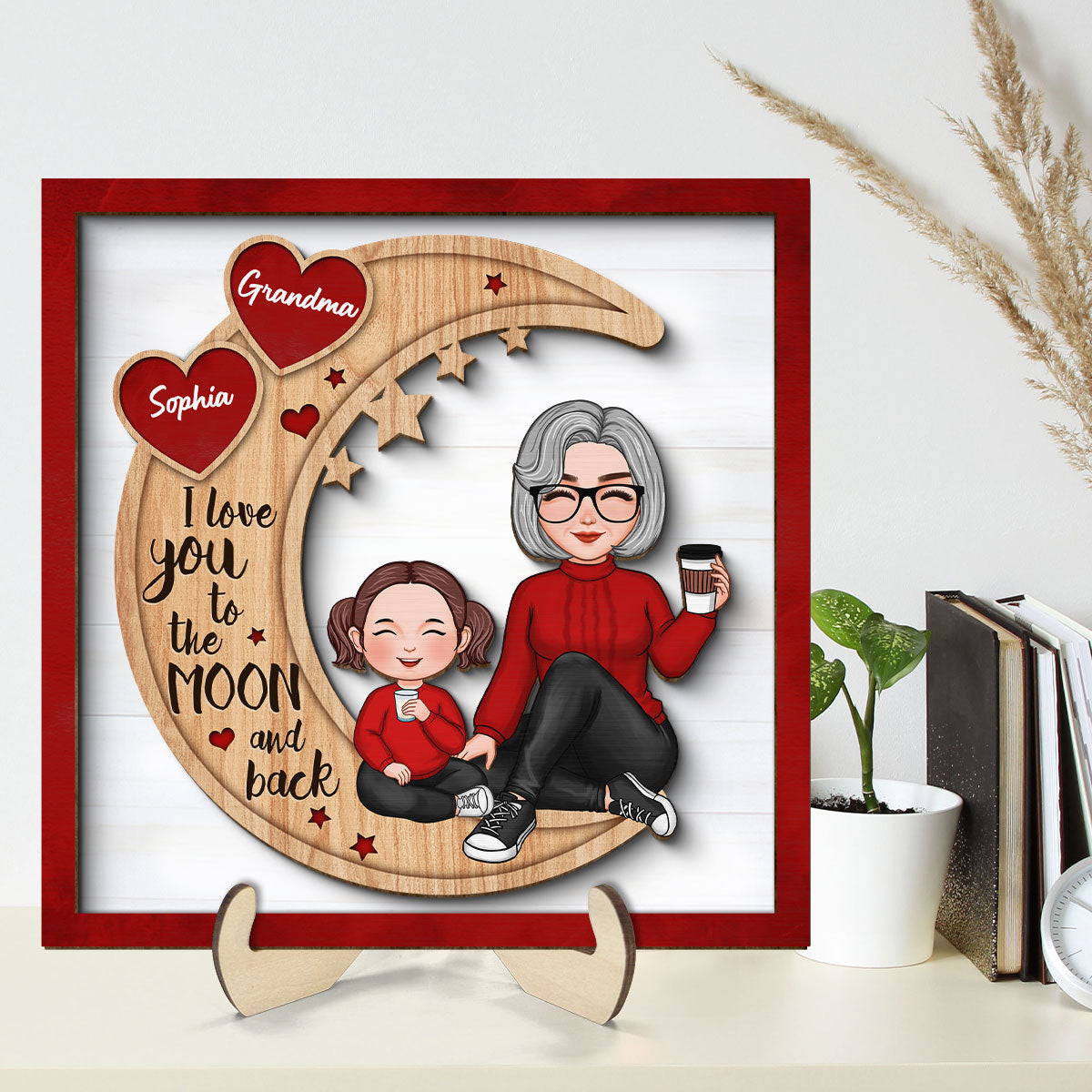 Red Heart Cute Grandma Grandkids Sitting On Moon Personalized 2-Layer Wooden Plaque