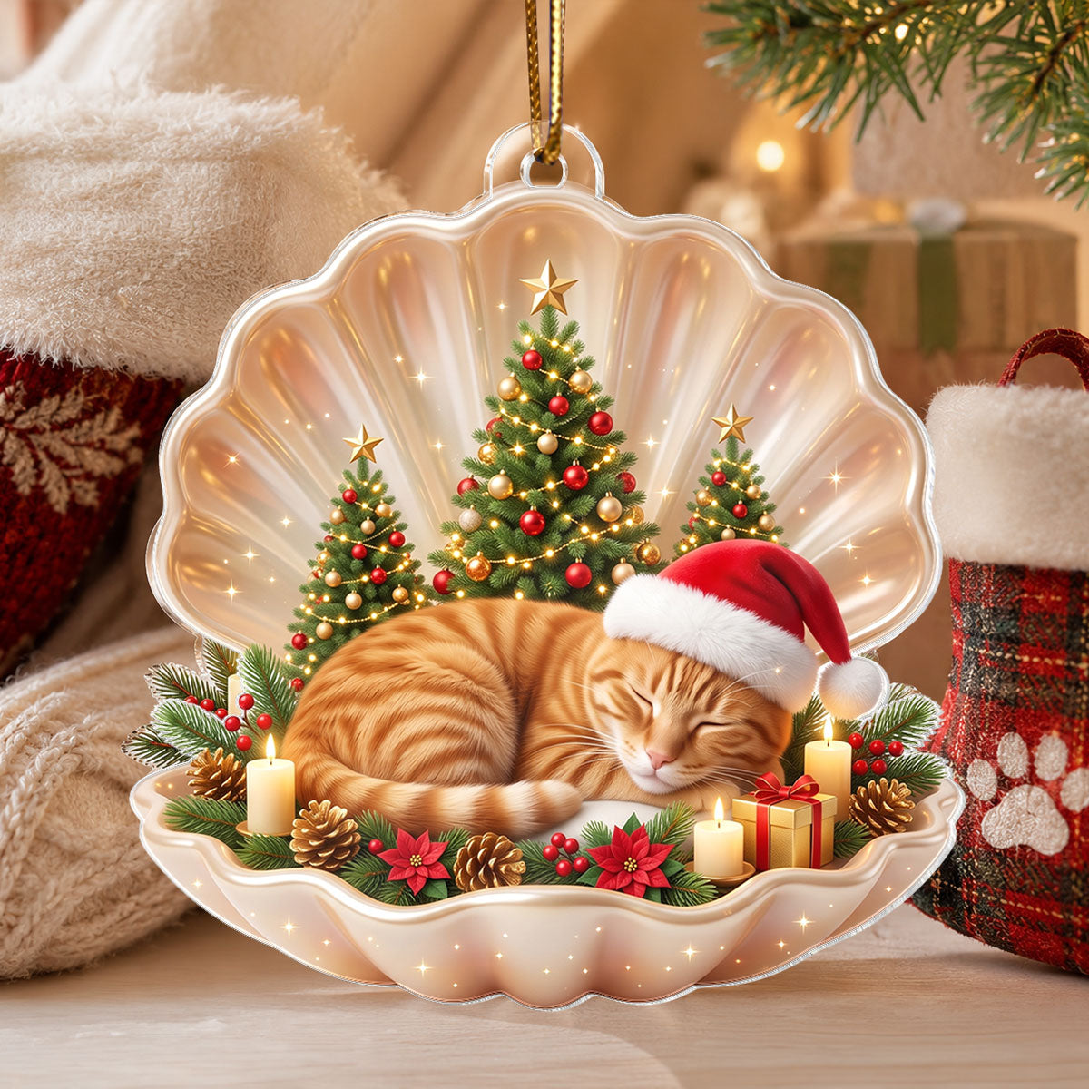 Dog Cat Sleeping in Pearl Shell - Personalized Acrylic Ornament - Christmas Gift for Pet Lovers
