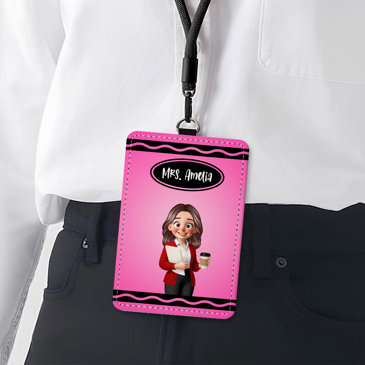 Crayon Themed Cartoon Teacher Personalized ID Badge Holder, Back To School Gift