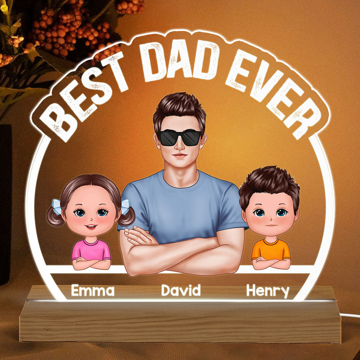 Dad And Doll Kids Best Dad Ever Personalized Custom Shape Acrylic LED Night Light