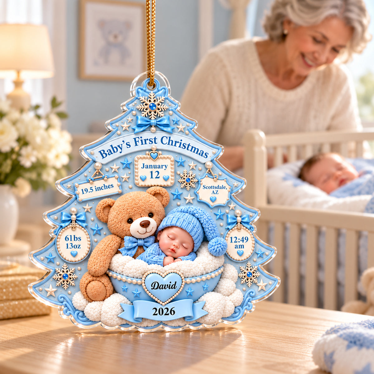 Baby's First Christmas Teddy Bear Tree - Personalized Acrylic Ornament – Custom Newborn Birth Stats Keepsake, First Christmas Gift for Baby Boy & Girl