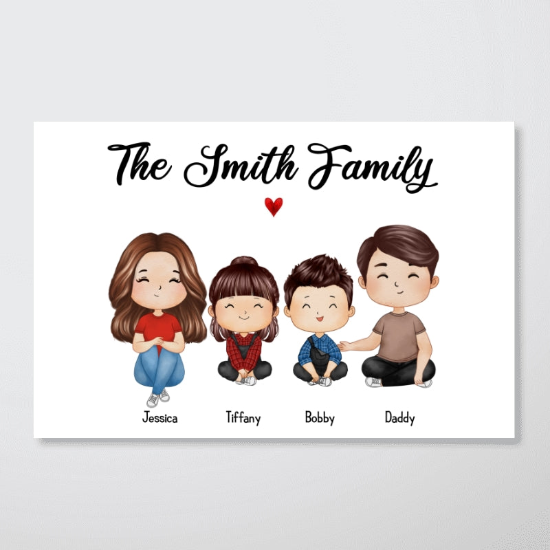 Whole Doll Family Sitting Couple Dad Mom Kids Dogs Cats Watercolor Style Personalized Horizontal Poster
