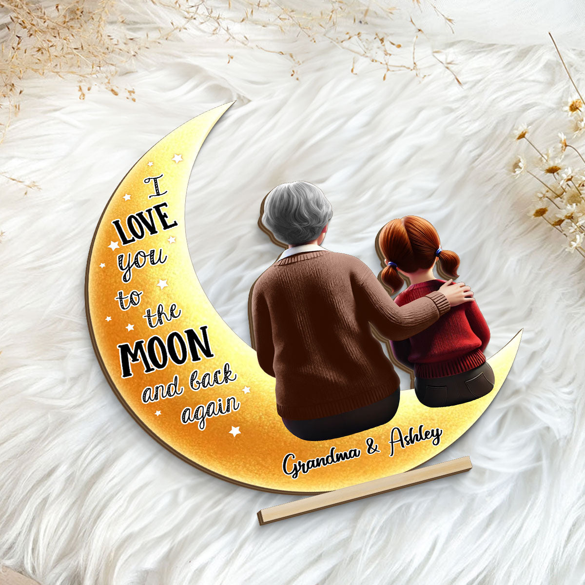 Grandma & Granddaughter Sitting On Moon Shaped Personalized Standing Wooden Plaque, Perfect 2025 Gift For Mom, For Grandma