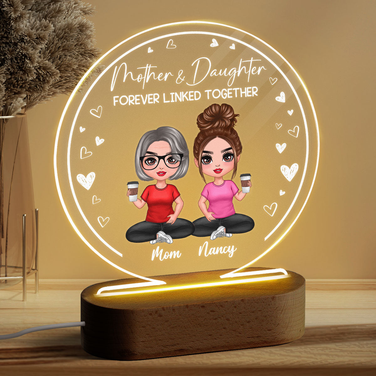 Doll Mom And Daughters Sitting Personalized Circle Acrylic Plaque LED Night Light