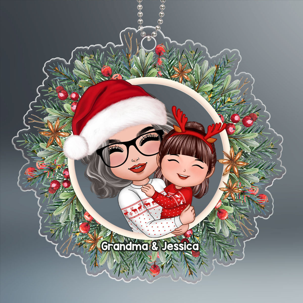 Grandma Hugging Grandkid Christmas Wreath Personalized Acrylic Ornament