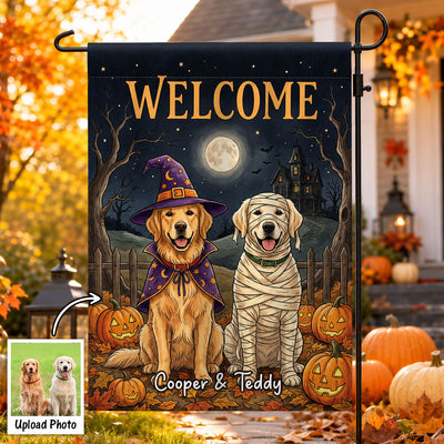Vintage Dog Cat Halloween Night Photo Upload - Personalized Garden Flag - Halloween Gift For Dog Mom, Cat Mom