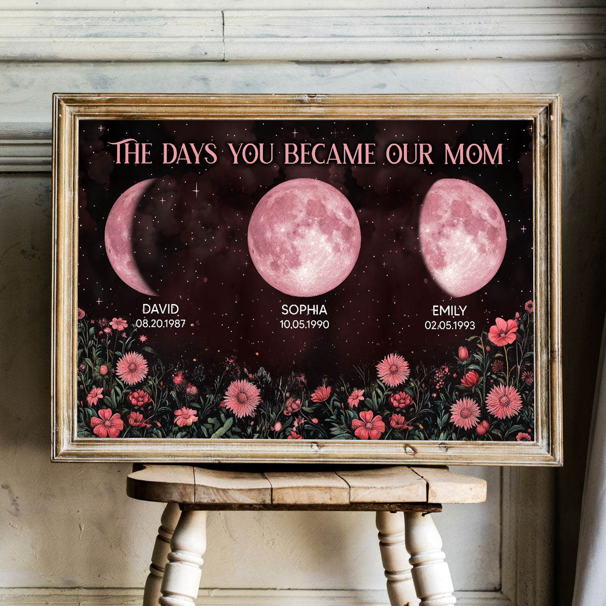 Vintage Flowers The Days You Became Our Mom Pink Birthday Moon Phase Personalized Poster