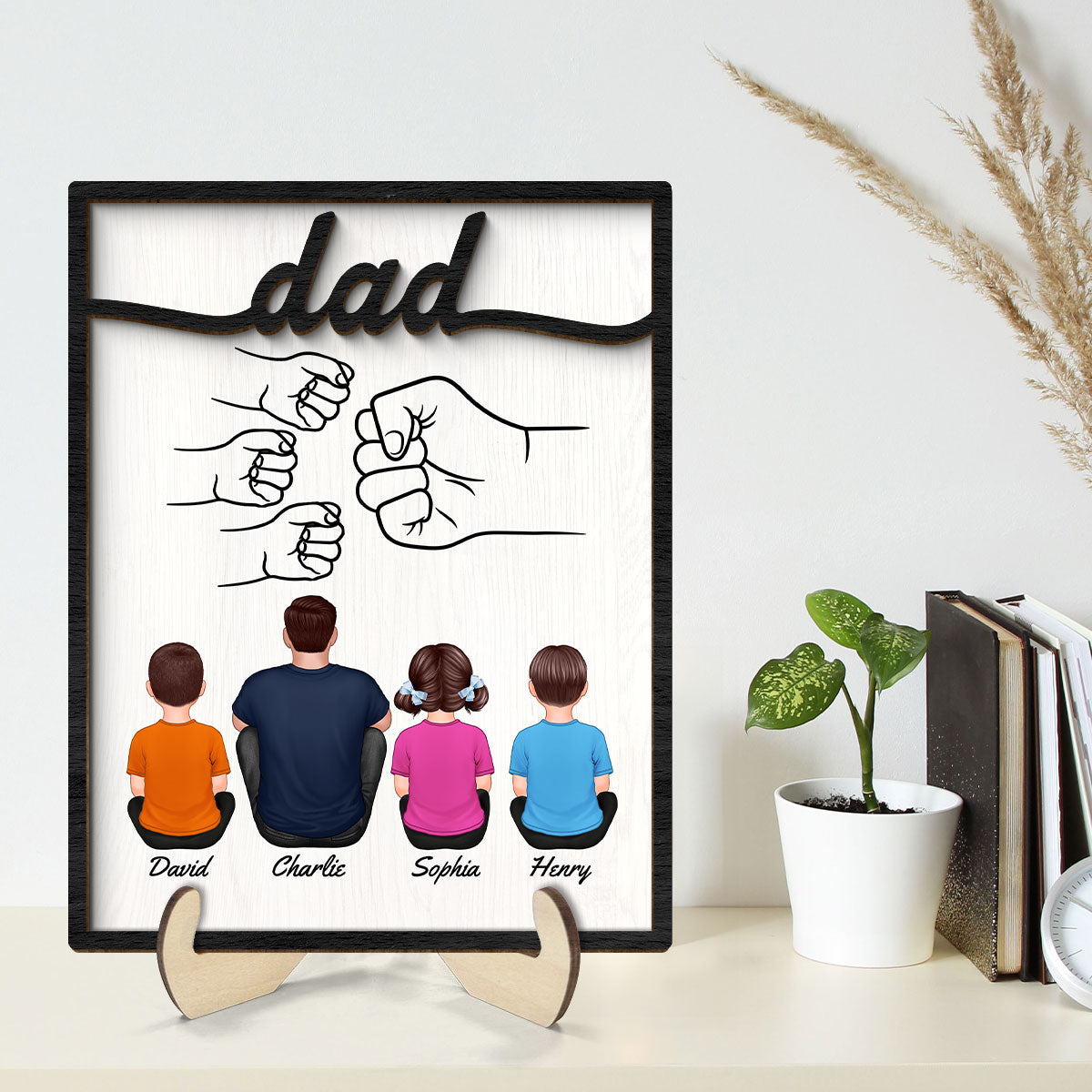 Dad And Kids Fist Bump Personalized 2-Layer Wooden Plaque