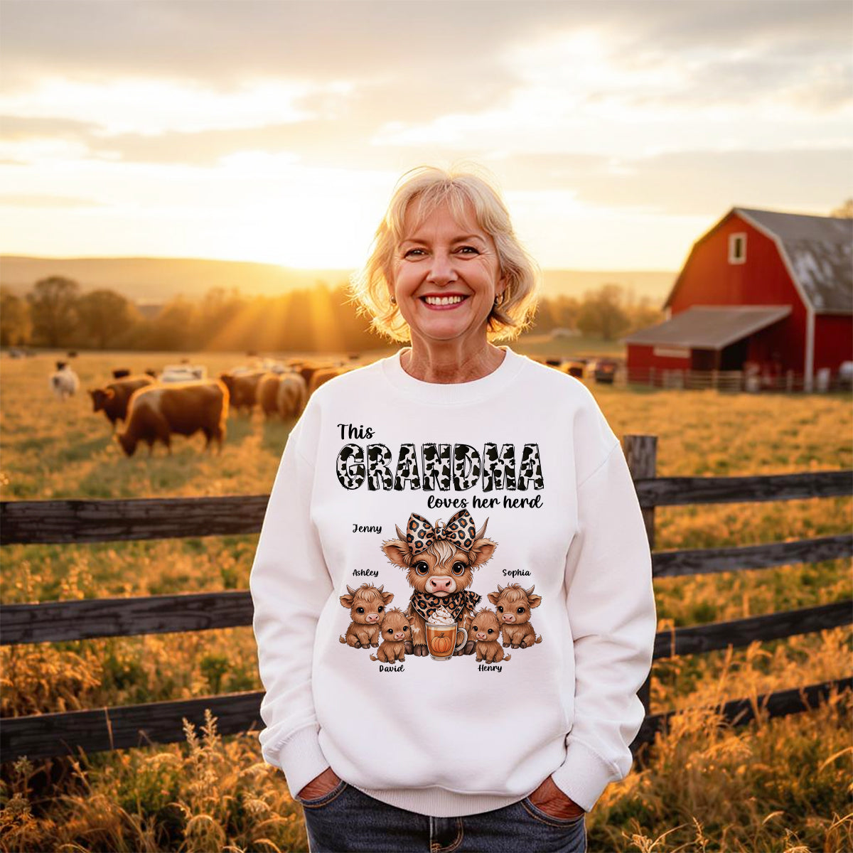 This Mama Grandma Loves Her Herds – Cozy Fall Vibe Personalized Highland Cow Family Sweatshirt