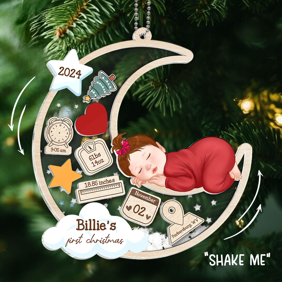 Baby Sleeping On Moon First Christmas Personalized 4D Shaker Ornament, Custom Newborn Gift