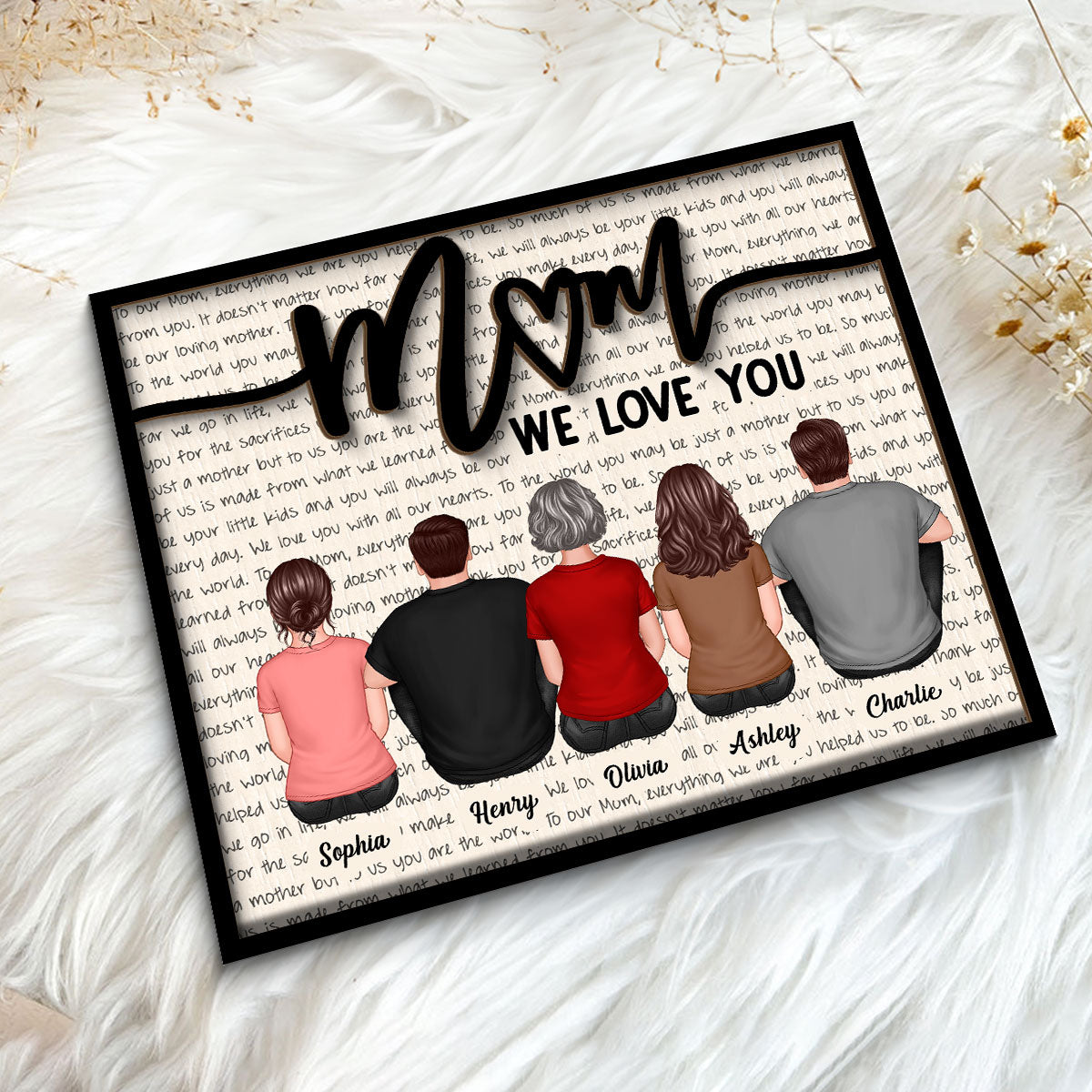 Back View Mom And Daughters Sons Sitting Letters Background Mother‘s Day Gift For Mom Personalized 2-Layer Wooden Plaque