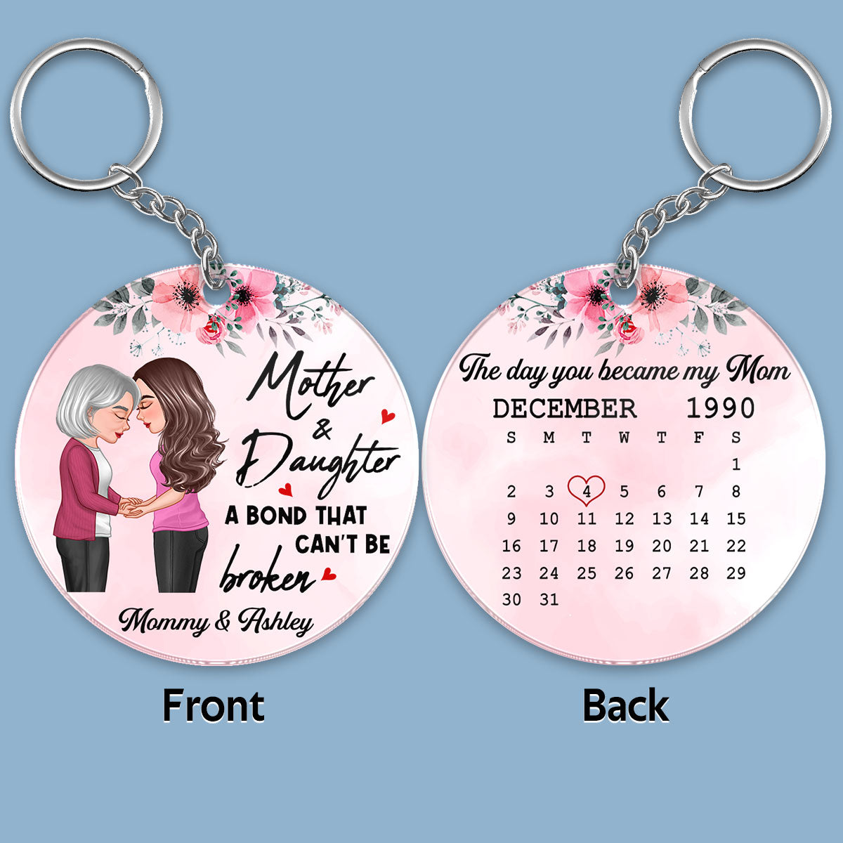 Everything I Am You Helped Me To Be Floral Mom Daughter Holding Hand Calendar Personalized Acrylic Keychain