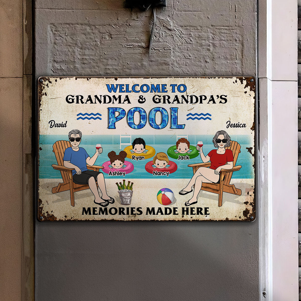 Welcome To Grandparents Pool Personalized Metal Sign, Housewarming Gift, Birthday Gift For Dad Mom Grandpa Grandma