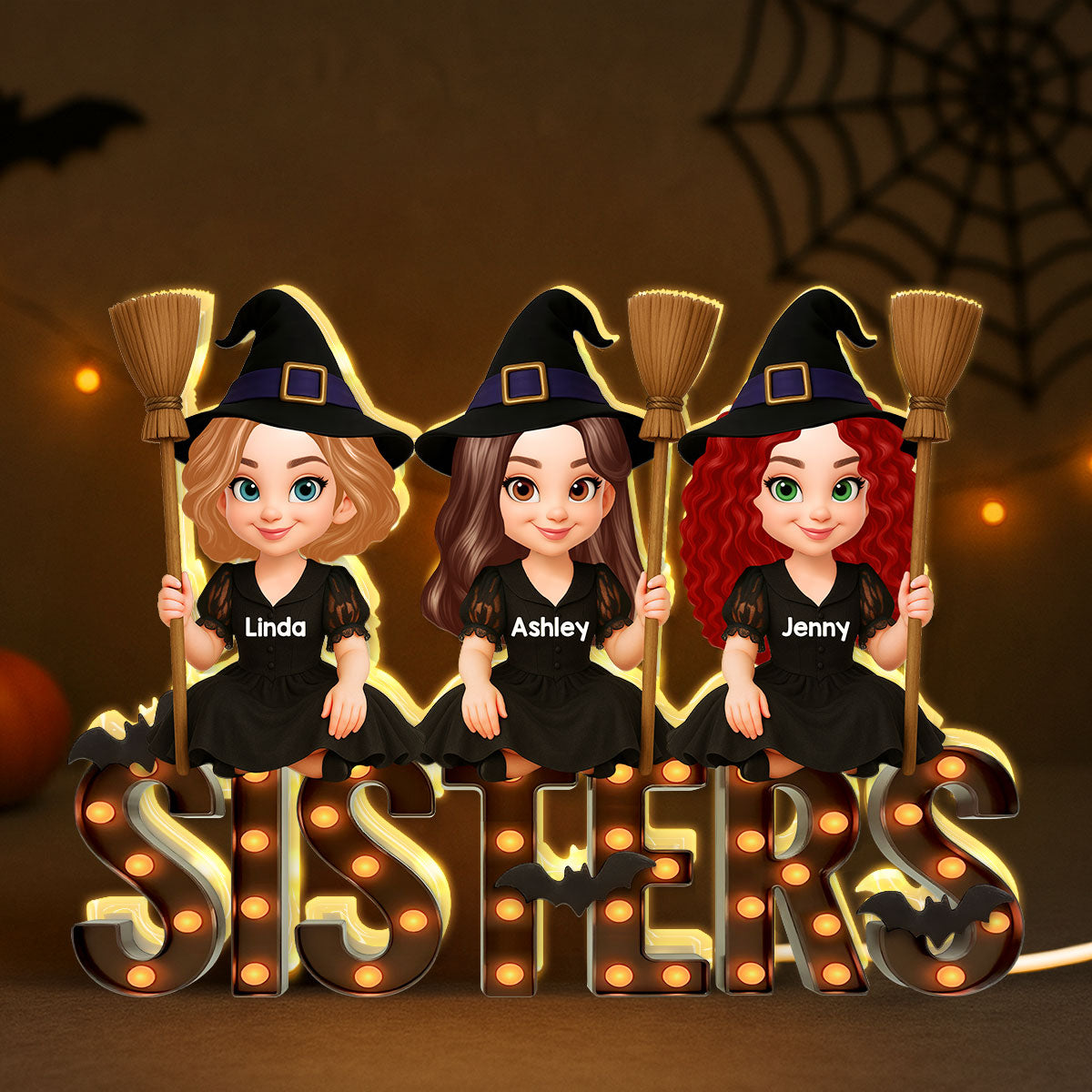 Halloween Besties Sisters Witches Sitting On Marquee Personalized Light Box