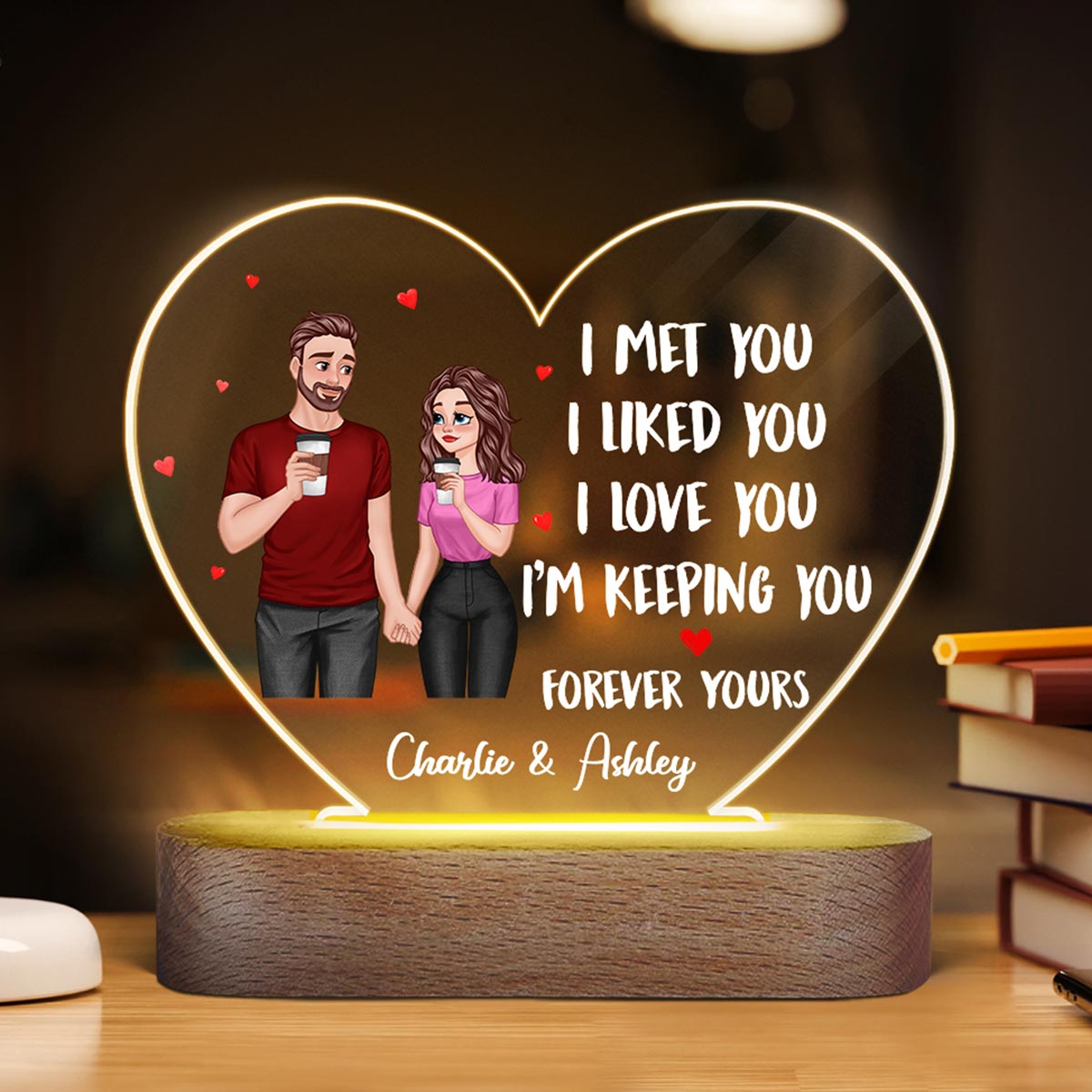 Cartoon Couple Hand In Hand I Met You Like You Love You Gift For Him For Her Personalized Acrylic Heart Plaque With LED Night Light