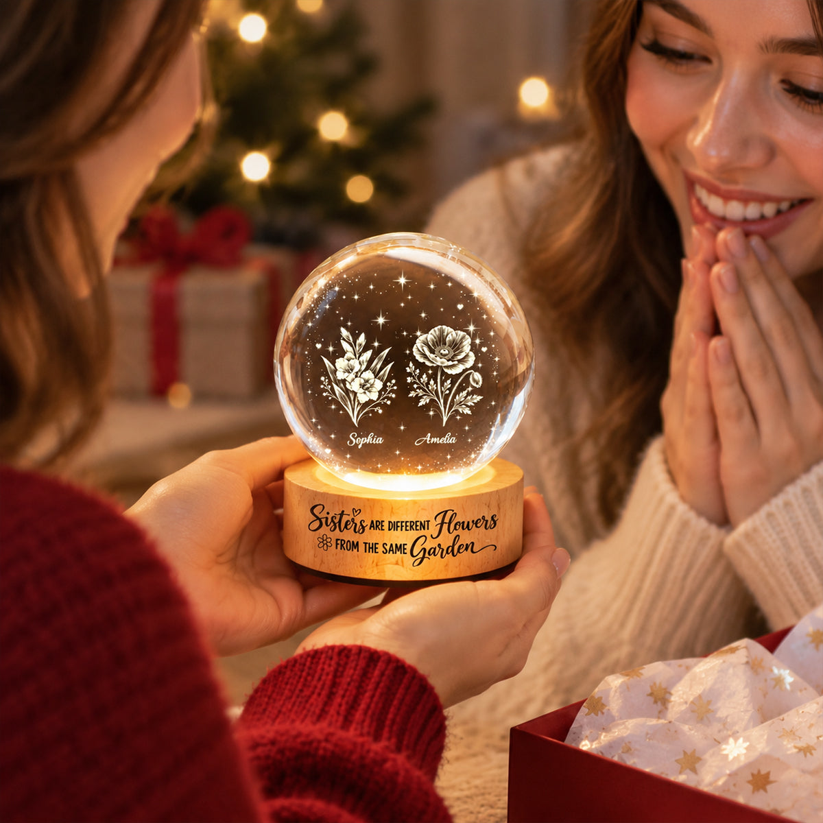 Sisters Are Different Flowers from the Same Garden - Personalized Crystal Ball LED Night Light - Christmas Gift for Sisters
