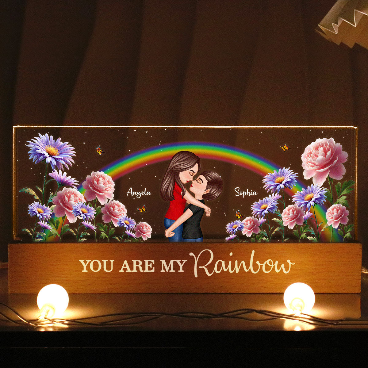 LGBTQ Couple Hugging Kising Birth Month Flower Personalized Acrylic Block LED Night Light