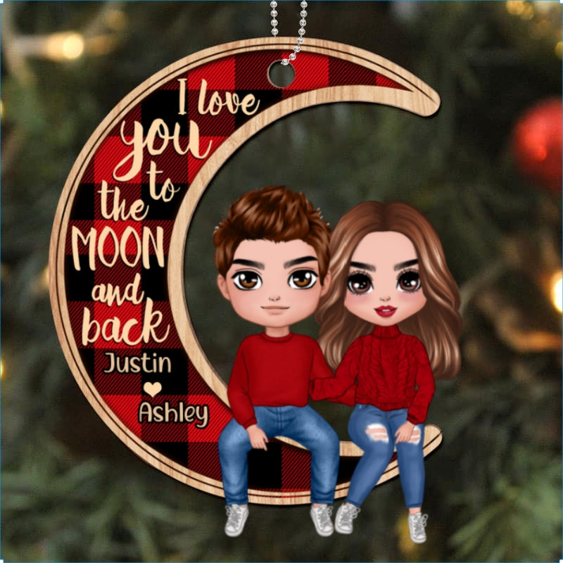 Couple Sitting On Moon Christmas Personalized Wooden Ornament