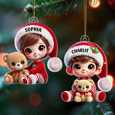 Kid Boy Girl Holding A Teddy Bear Personalized Acrylic Ornament, Christmas Gift for Children, Grandchildren