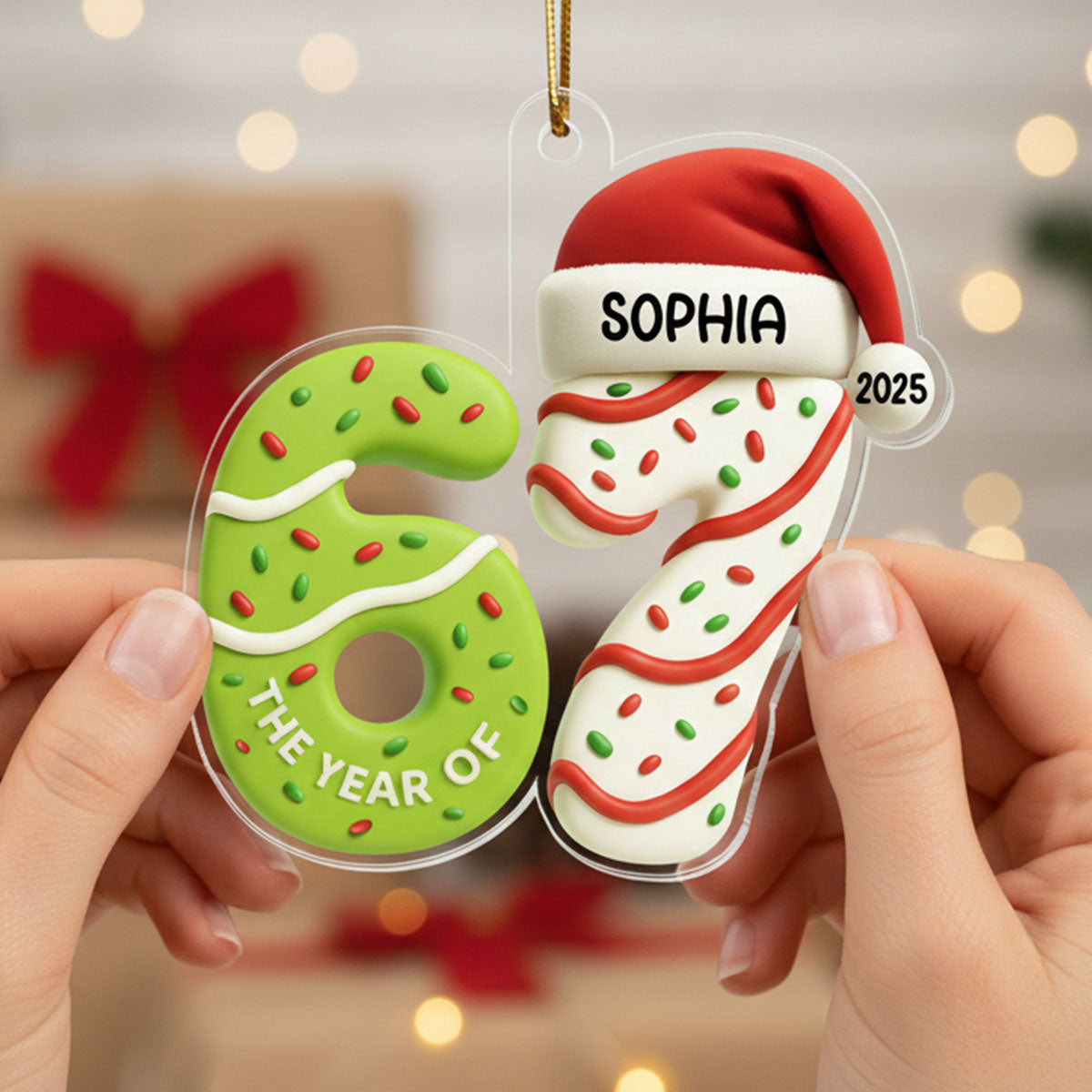 3D Effect 67 Six Seven 2025 Slang Signature Christmas Pattern - Personalized Acrylic Ornament - Funny Christmas Gift For Teen, Grandkid, Gen Alpha