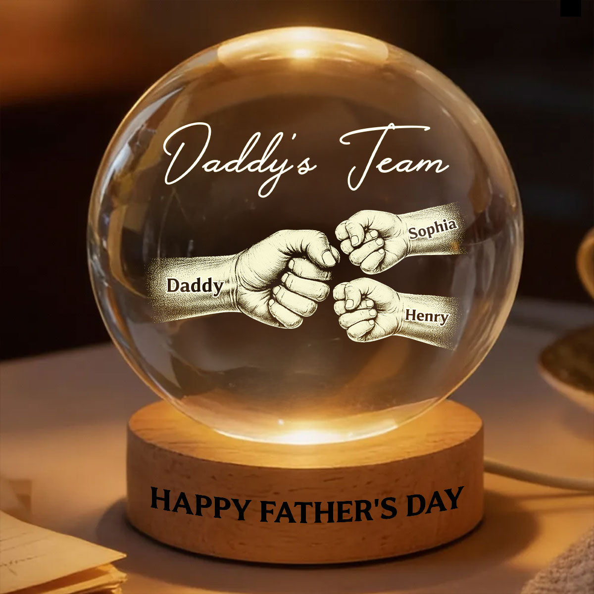 Daddy's Team Fist Bump - Personalized Crystal Ball LED Night Light - Father's Day Gift For Dad, Husband