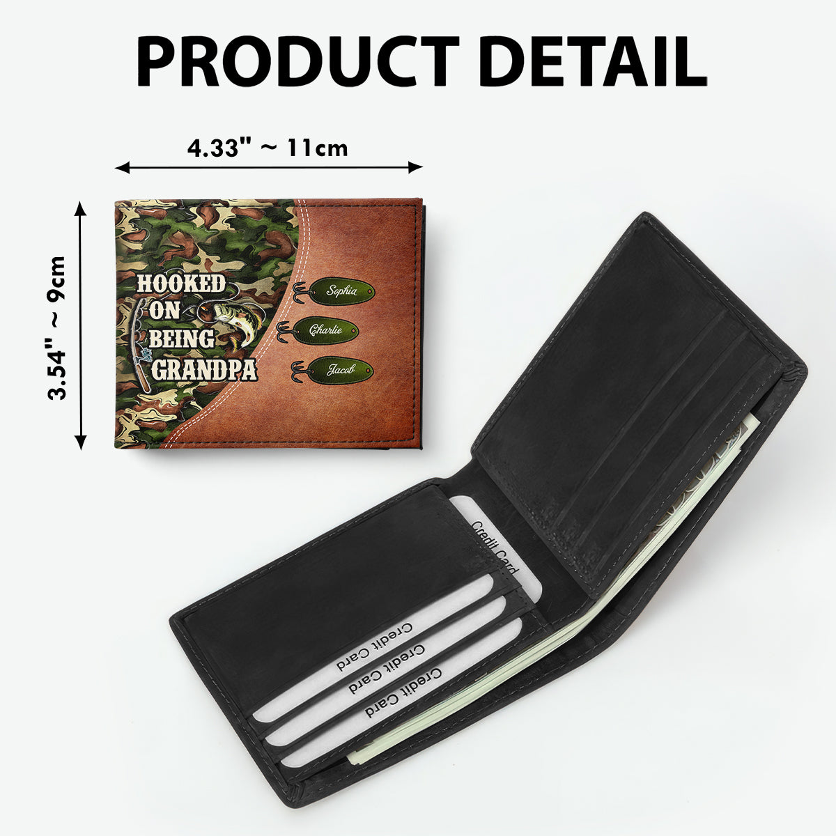 Hooked On Being Fishing Grandpa Camouflage Personalized Men’s Wallet