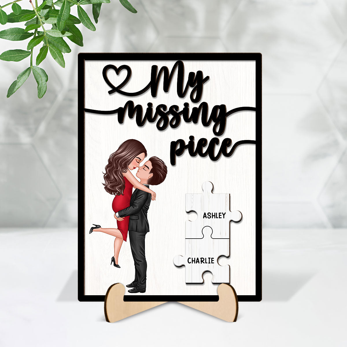 My Missing Piece Hugging Kissing Couple - Personalized 2-Layered Wooden Plaque - Anniversary Gift For Couple, For Dad Mom