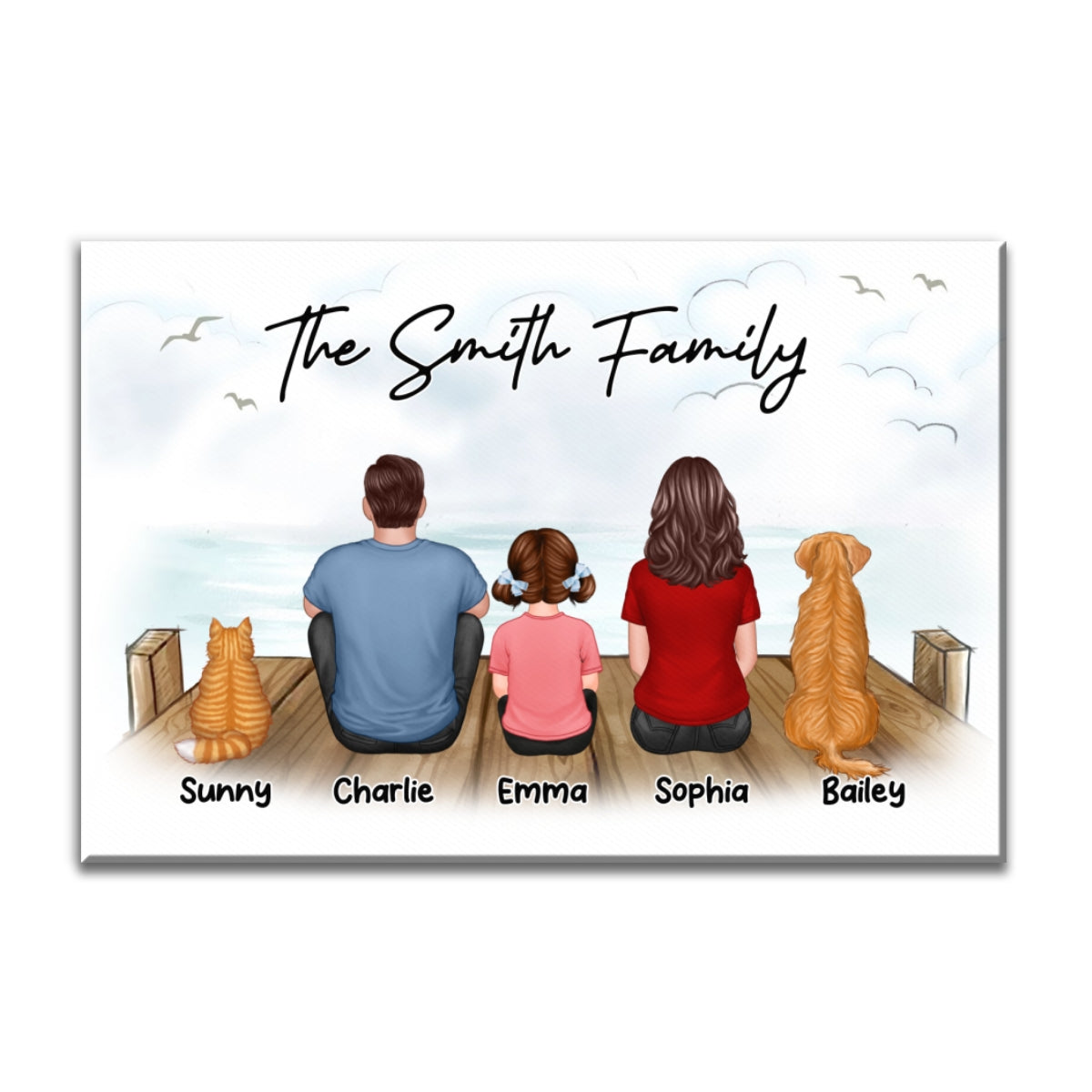 Family Dad Mom Kids Dogs Cats Sitting On The Bridge Personalized Canvas