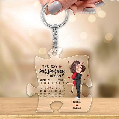 The Missing Piece Couple Kissing Anniversary Date Calendar Personalized Puzzle Shaped Acrylic Keychain - Gift For Him, Gift For Her