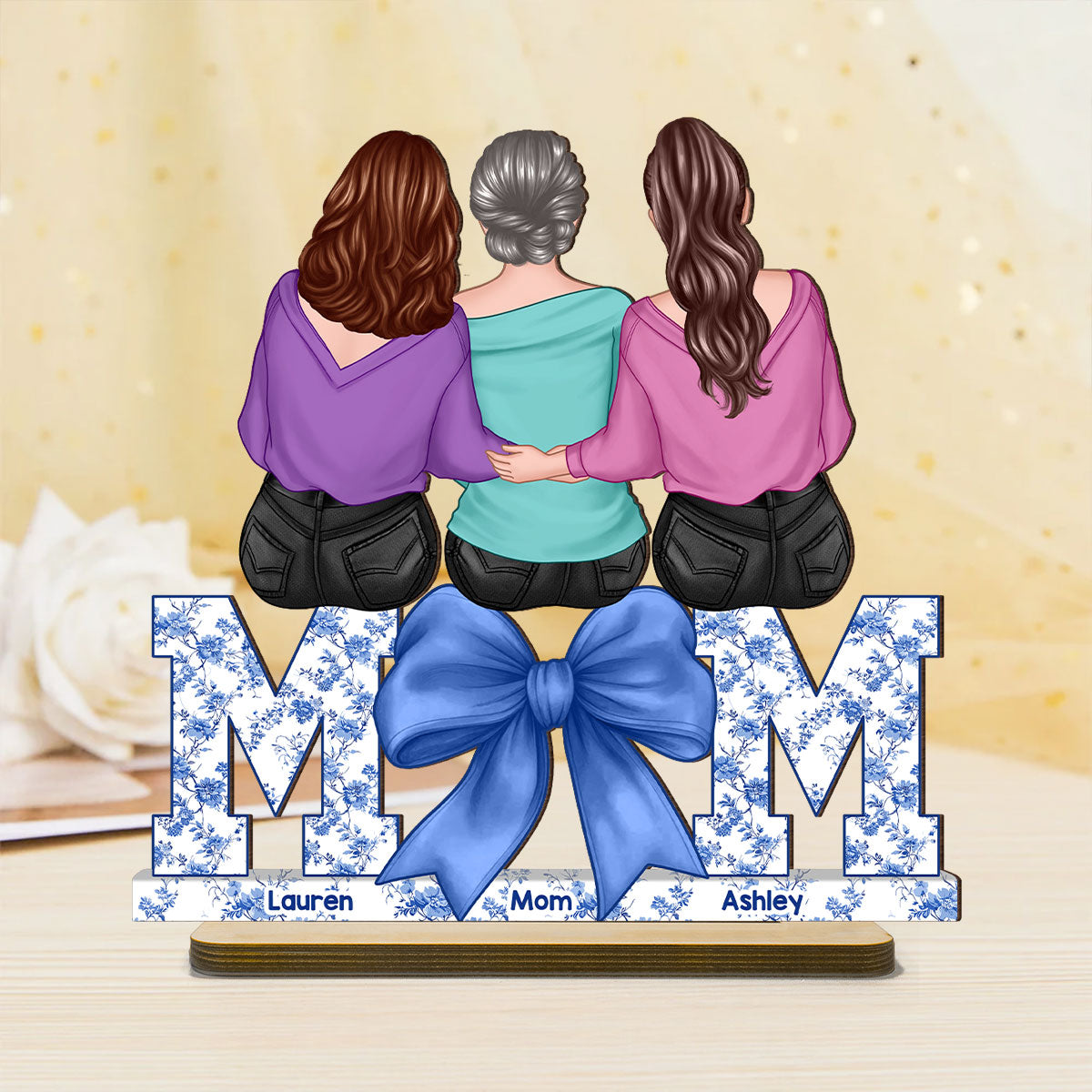 Mother Daughters Blue Floral Chinoiserie Personalized Standing Wooden Plaquer, Gift