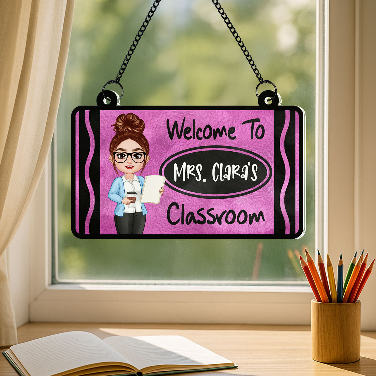 Teacher Crayon Welcome To Classroom Personalized Suncatcher| Back To School, Classroom Decoration
