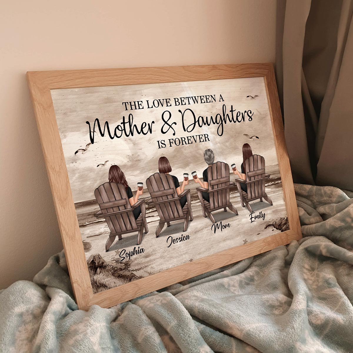 Retro Vintage Mom And Daughters Sons Beach Landscape Personalized Horizontal Poster